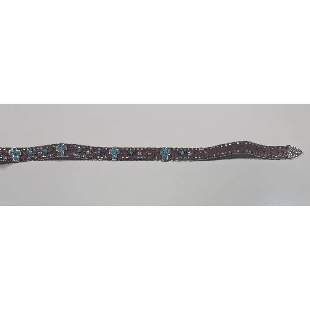 NOCONA - Women's Brown Leather Turquoise Cross Rhinestone Western Belt - Large